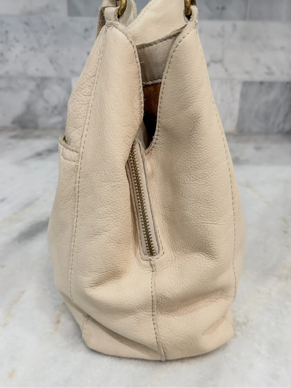 American Leather Co Austin Triple Entry Pebbled Leather Bucket Bag